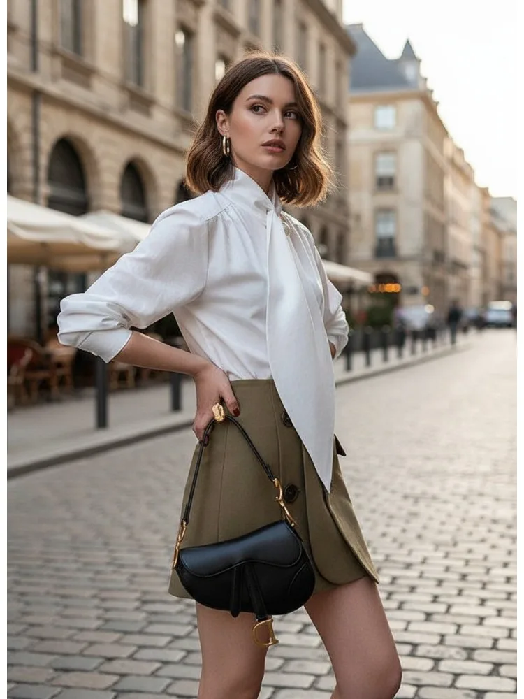 

Женская черно-белая простая элегантная рубашка, топ с высоким воротом и длинными рукавами, свободная блузка, осень 2021, модные офисные рубашки