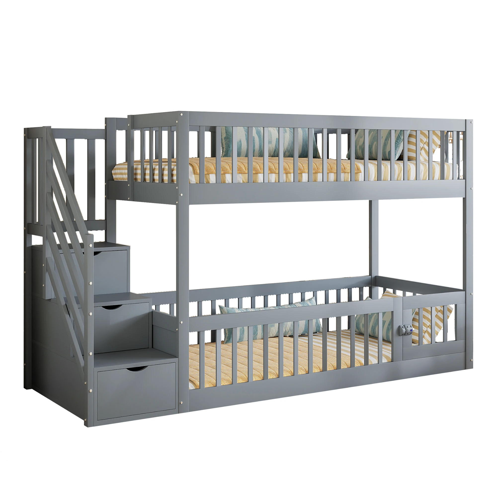 Stapelbed 90x200 met lades en veiligheidstrap, Grijs - afbeelding 2