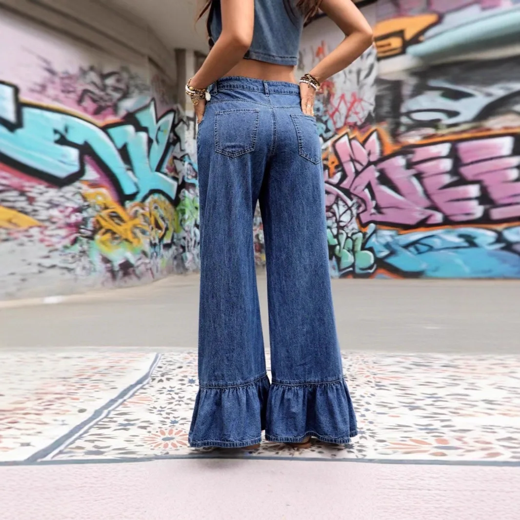 New Slim-fit High Street. Long Pants, Solid Color Loose Flared Jeans,   Long Denim Pants. For Women. For All Seasons Luxury