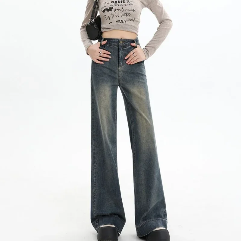 

Lady Fashion Gray High Waist Jeans Women American Vintage Wide Leg Flared Pants Girls Daily Casual Versatile Denim Trousers