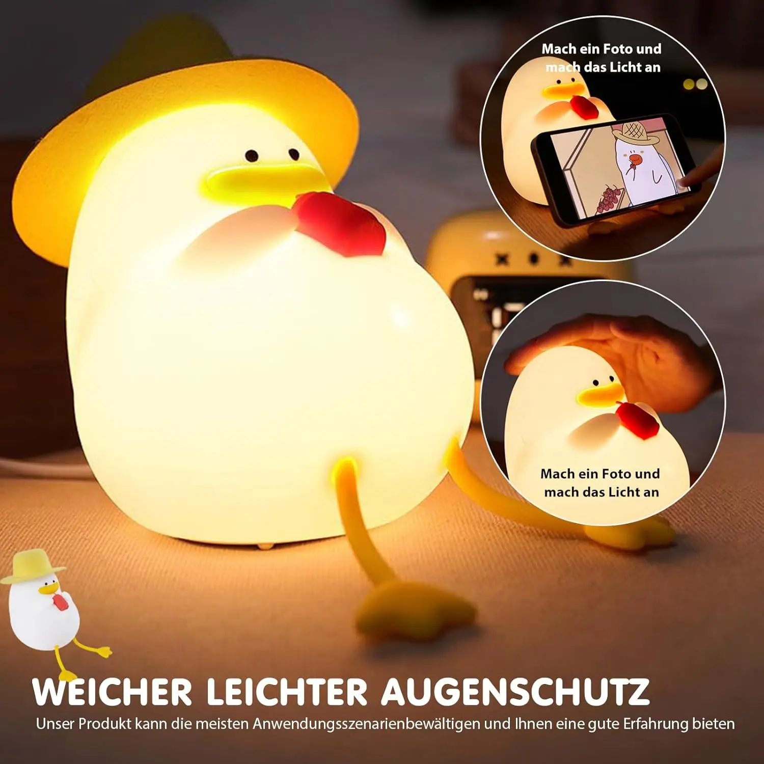Luz nocturna Happy Duck, lámpara de noche con control táctil, recargable con sincronización, ideal para decoración del hogar y regalos