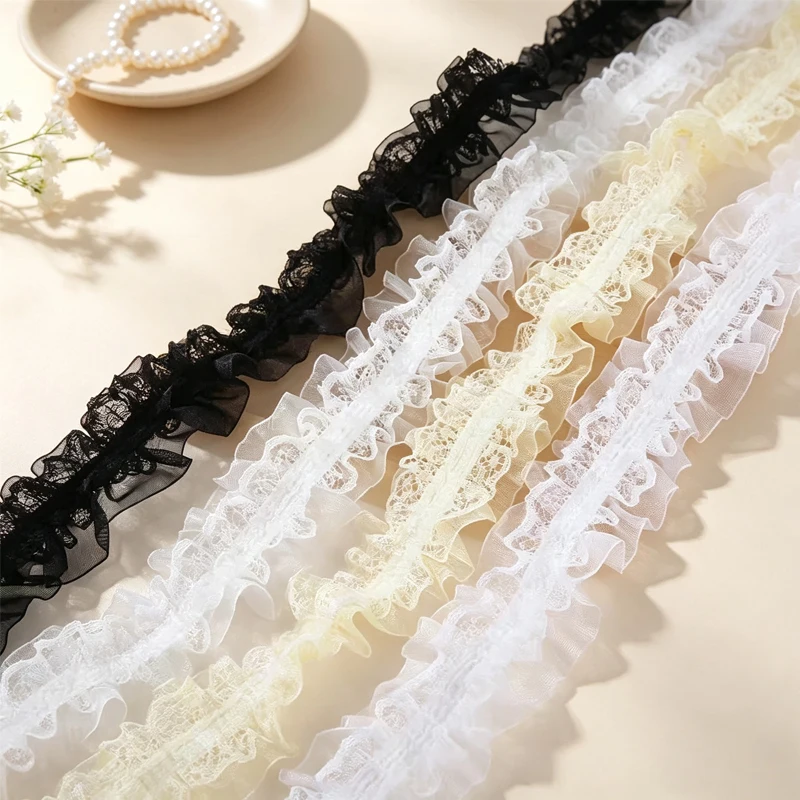 2 Yards Double Layered Pleats Embroidery Lace Fabric For Dress Hats Bags Accessories DIY Sewing Repair