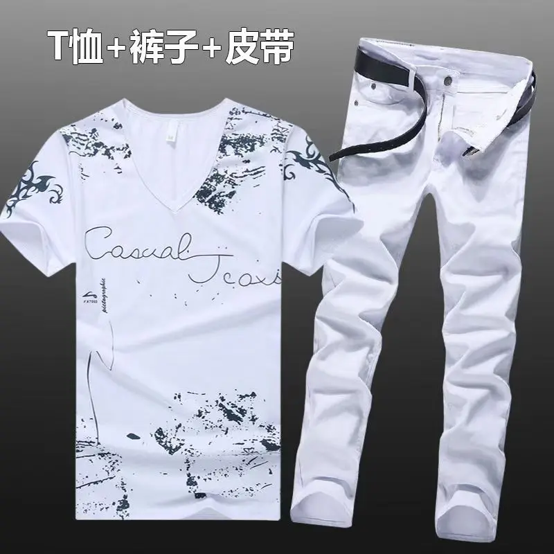 Summer Men Set Cotton T-Shirts Jeans Two Piece Suit Simple Casual T-shirt Denim Pants Sets