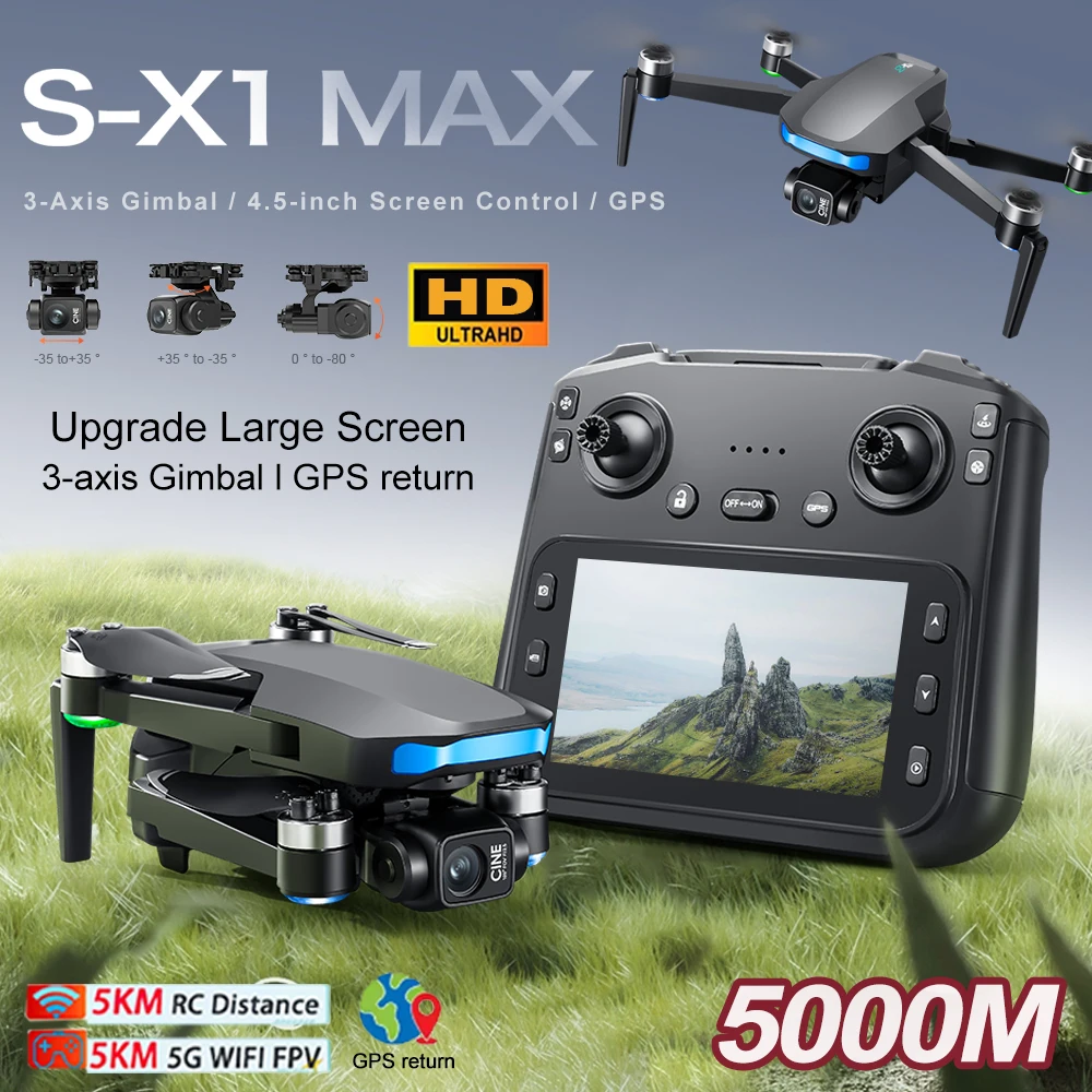 S-X1 MAX GPS Drone Professional 4K Camera 3-axis Gimbal Aerial FPV Brushless Security Drone with Large Screen Control Quadcopter