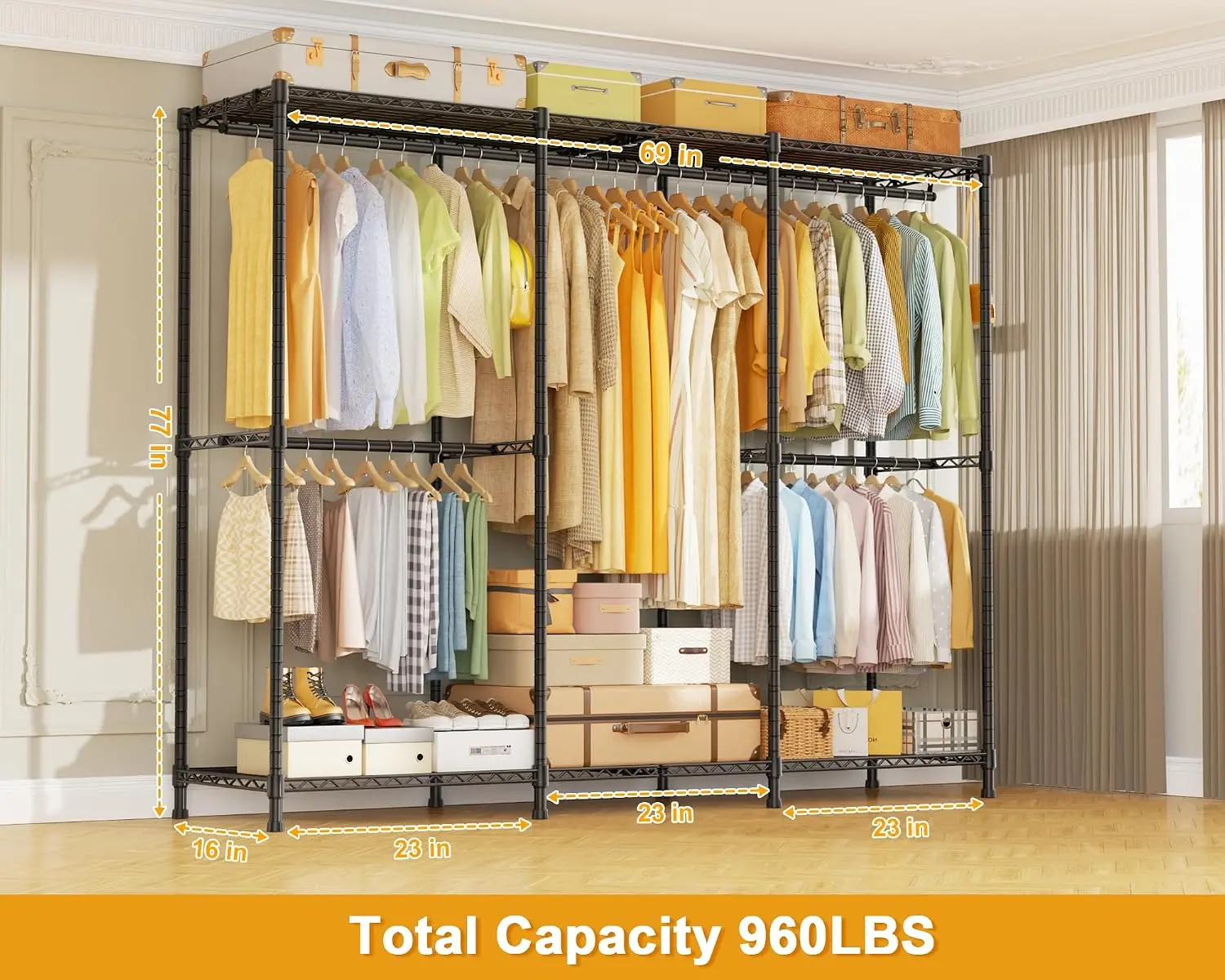 Large Heavy Duty Metal Closet Organizer Freestanding Adjustable Multi Tier Shelves Black Household Hanging Garment Wardrobe Holder