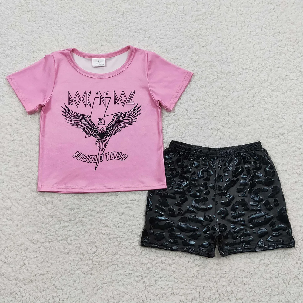 

Wholesale Baby Girl Summer Clothing Pink Short Sleeves Music Shirt Black Leather Shorts Children Infant Kid Set Cotton Outfit