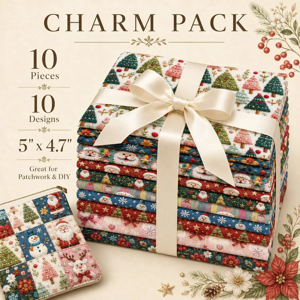 Pre-cut 2D Flat 10Pc/Set Christmas Series Santa Claus Deer Holly Fat Quarter Fabric, Pre-Cut Square Fabric Assort, Fabric Set