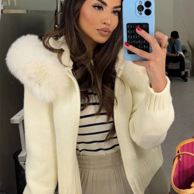 Mingmingxi Winter Female Sweater Hoodie Cardigan Fluffy Zipper Patchwork Long Sleeve Ribbed Solid Knit jacket Coat