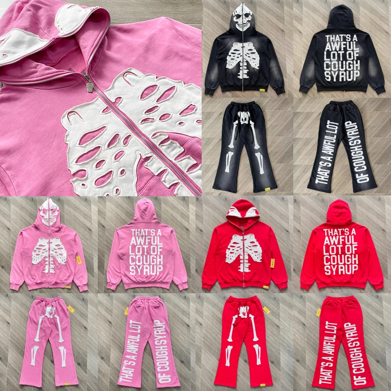 

That's A Awful Lot of Cough Syrup Hoodie Retro Washed Black High-quality Splice Skull Pattern Hooded Sweatshirt Sweatpants
