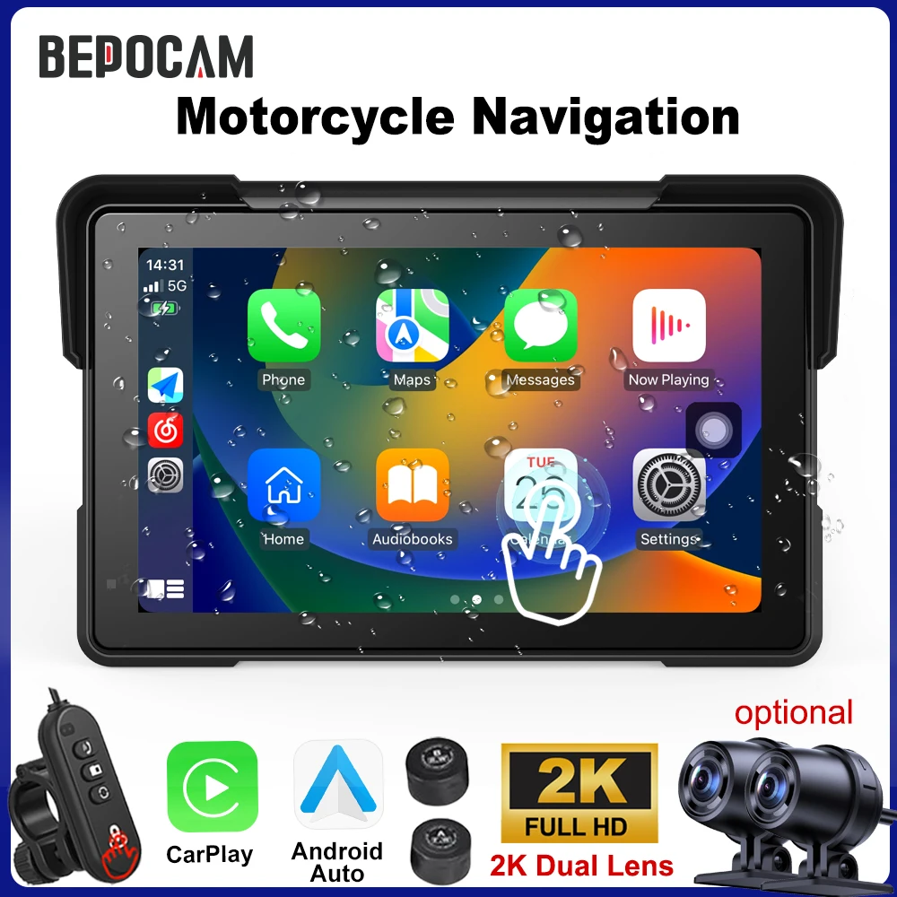 BEPOCAM 5/7'' Carplay Motorcycle DVR Navigation GPS Wireless CarPlay Android Auto IPX7 Waterproof Display Screen Moto Monitor