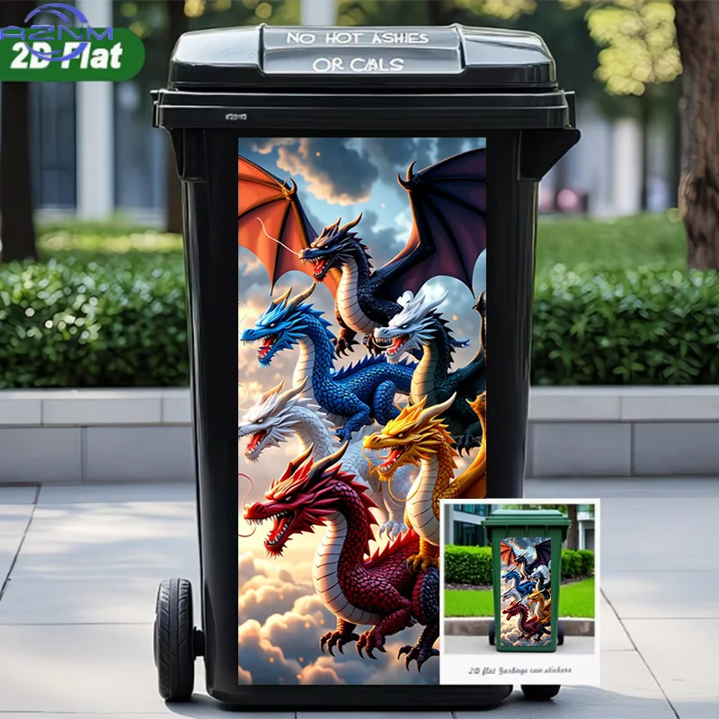 One Trash Can Sticker Measuring 37*82cm / 14.57*32.28 Inches, Featuring a Colorful Divine Dragon Gathering Clouds Pattern. Thi