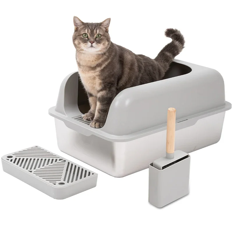 2024 New Design Semi Enclosed Pet Cat Toilet Box Cat Large Space Portable Stainless Steel Cat Box