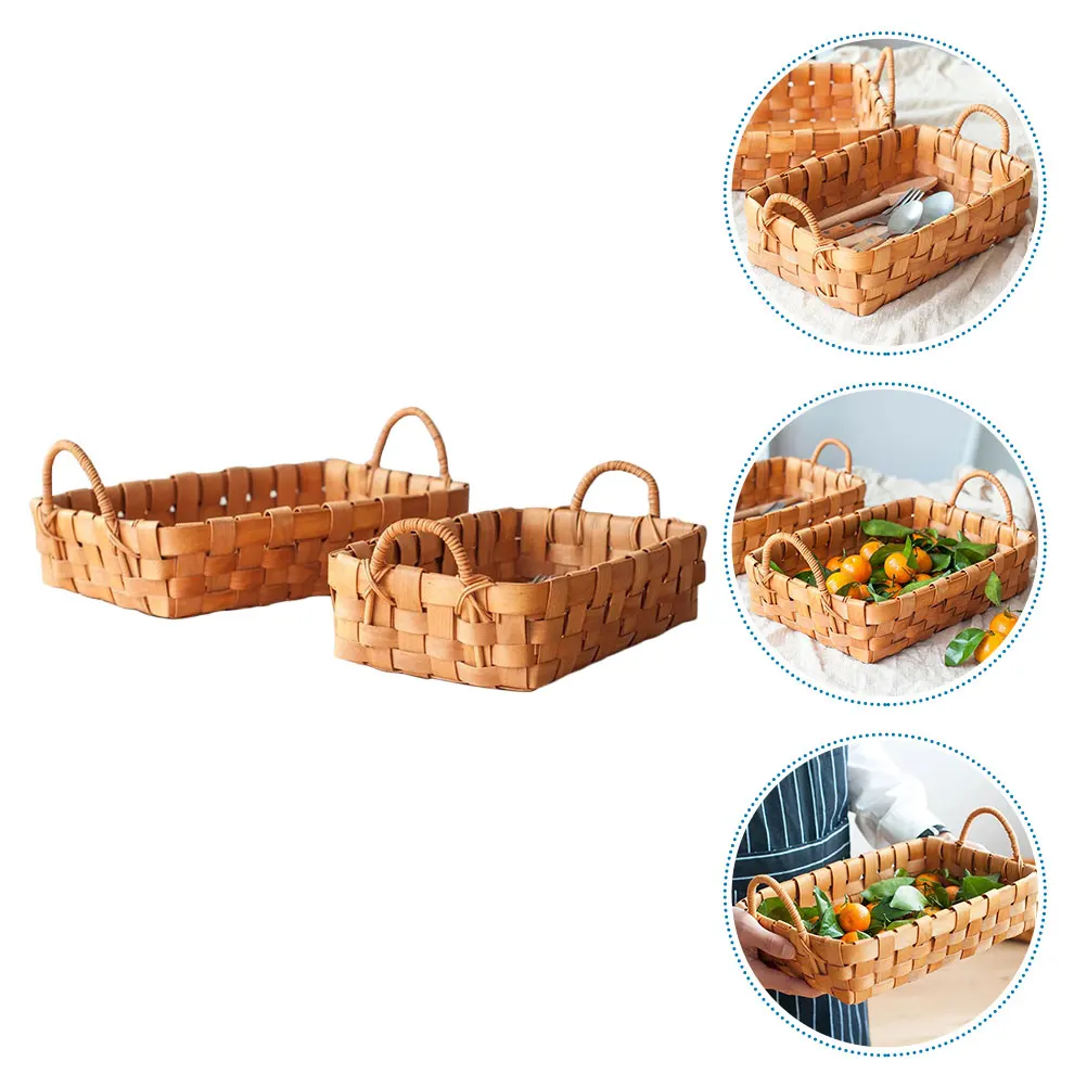 

2pcs Wooden Food Tray Natural Style Snack Fruit Bread Serving Plate Dual-Handle Storage Tray Hand Knitting Design