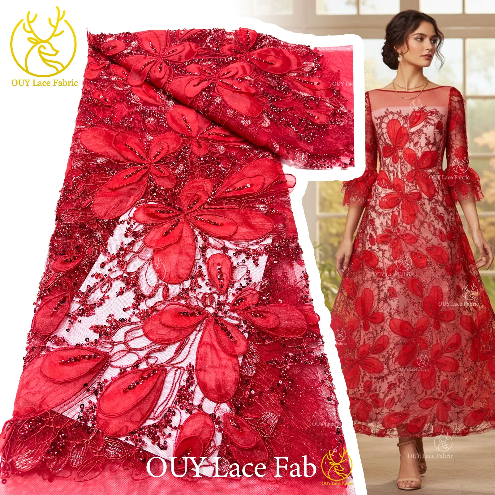 

Red African High-End Handmade 3D Embroidery Mesh Lace Fabric 2026 High Quality Nigerian Beaded Sequins Lace Sewing Party Dress