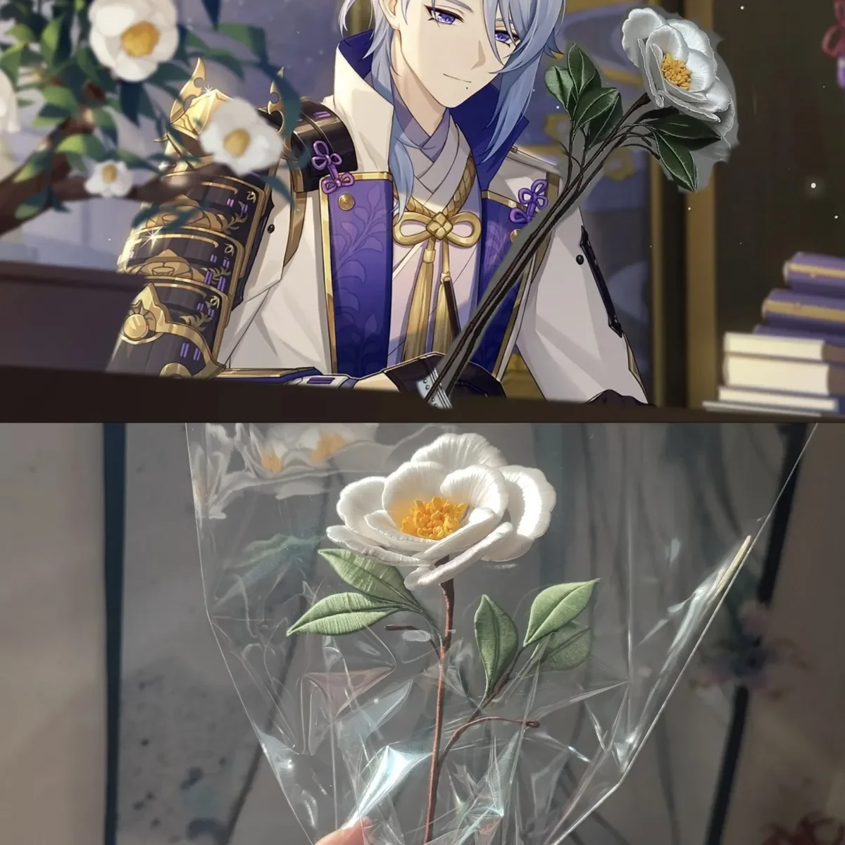 

Genshin Impact Kamisato Ayato Cosplay Hand-made flower Prop Cartoon Handmade Baishan Tea Hairpin Xmas Hallowmas Gift