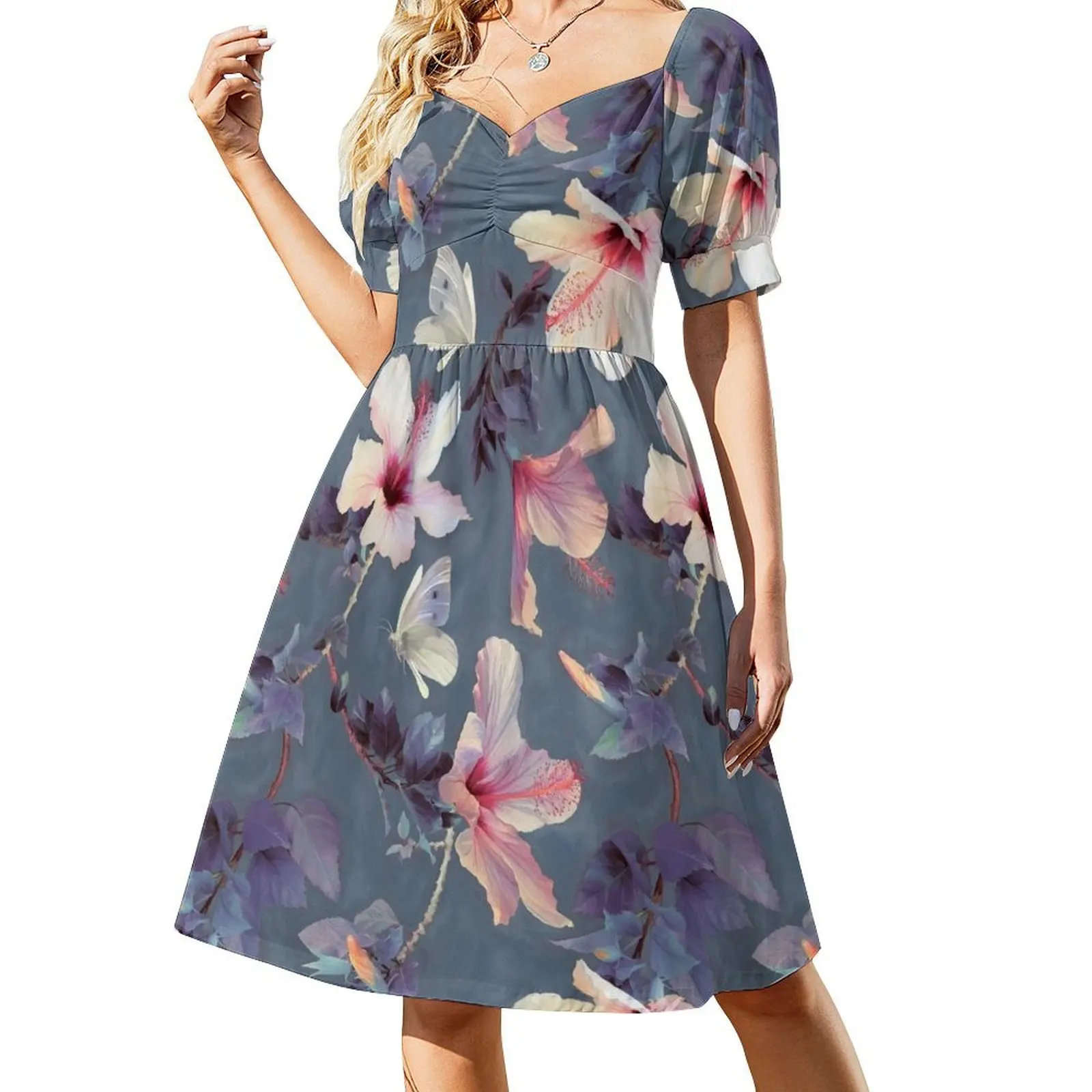 

Butterflies and Hibiscus Flowers - a painted pattern Short Sleeved Dress summer women's suit Dress