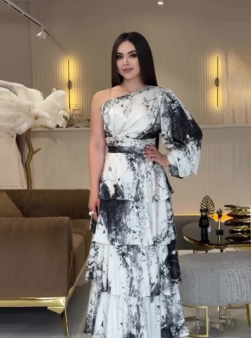 2026 nova impressão mulher camadas vestido de festa um ombro mangas compridas cintura fina elegante maxi vestidos imagem real