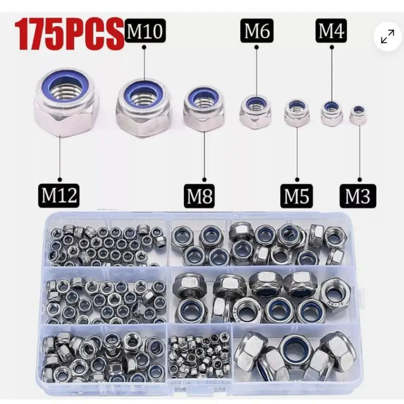 175-pcs-hex-insercao-de-nailon-auto-bloqueio-porca-nylock-locknut-variedade-kit-conjunto-m3-m4-m5-m6-m8-m10-m12-aco-inoxidavel