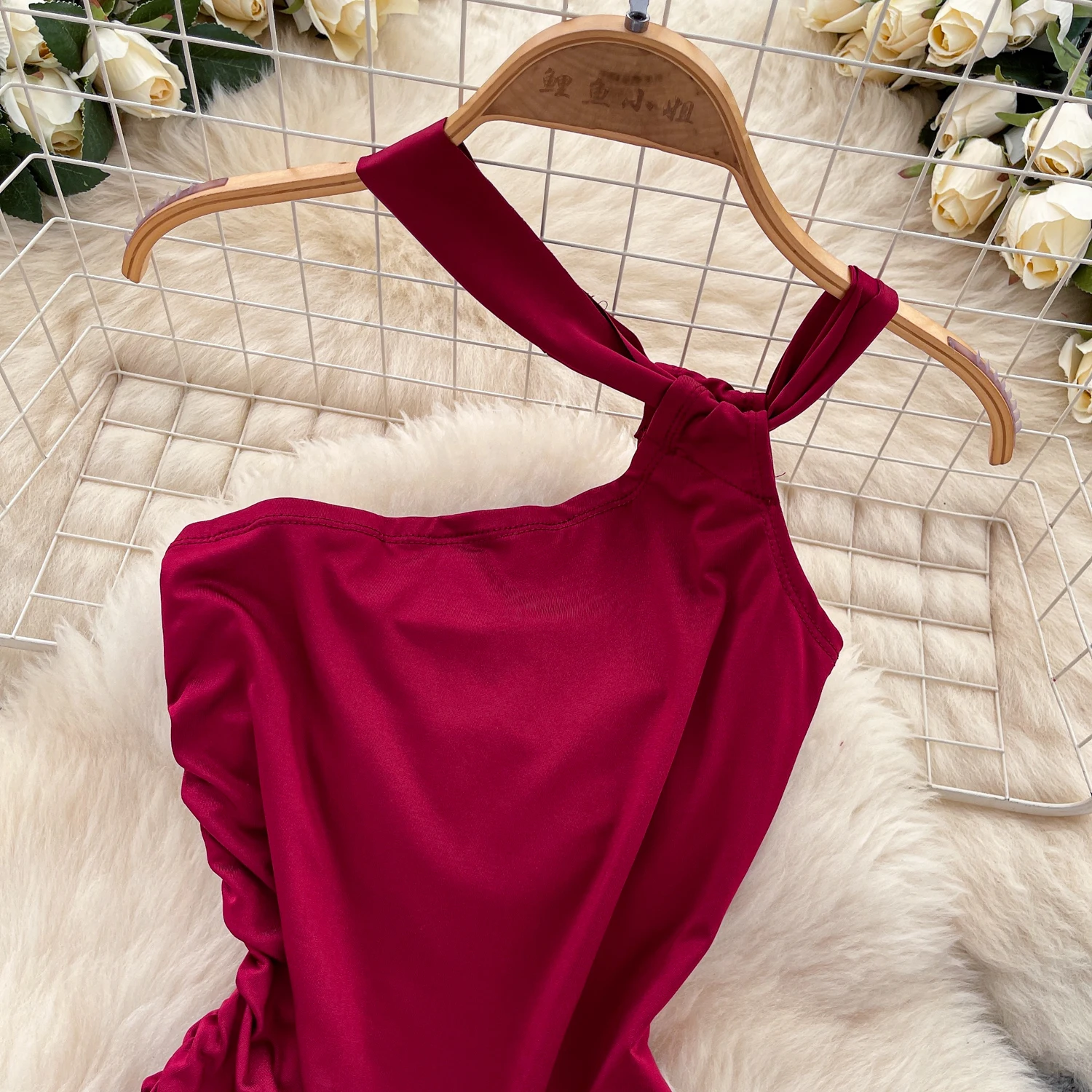 ヴィンテージエレガントなホルターブラウスファッション斜め襟シャツカジュアルシックなトップ妖精夏の女性