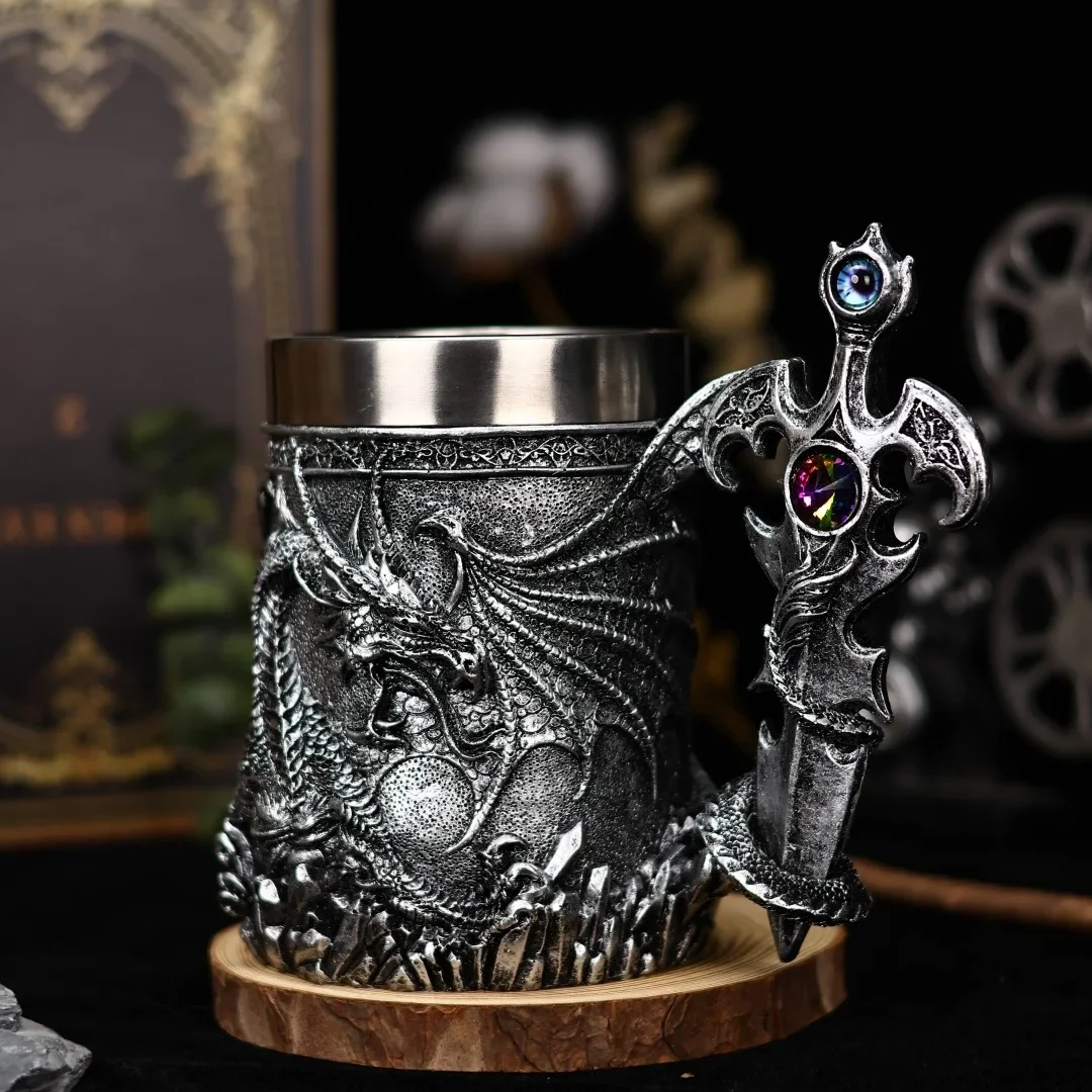 Holy Grail Resin Stainless Steel Mug Flying Dragon Cross Sword Coffee Mug Gift for Men Kids Mythology Fans