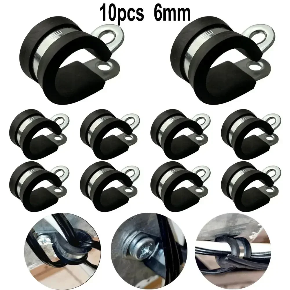 10 pçs forrado de borracha p clipes cabo montagem mangueira braçadeira fixação tubos fixadores de ferragem de aço inoxidável 6mm 8mm 10mm