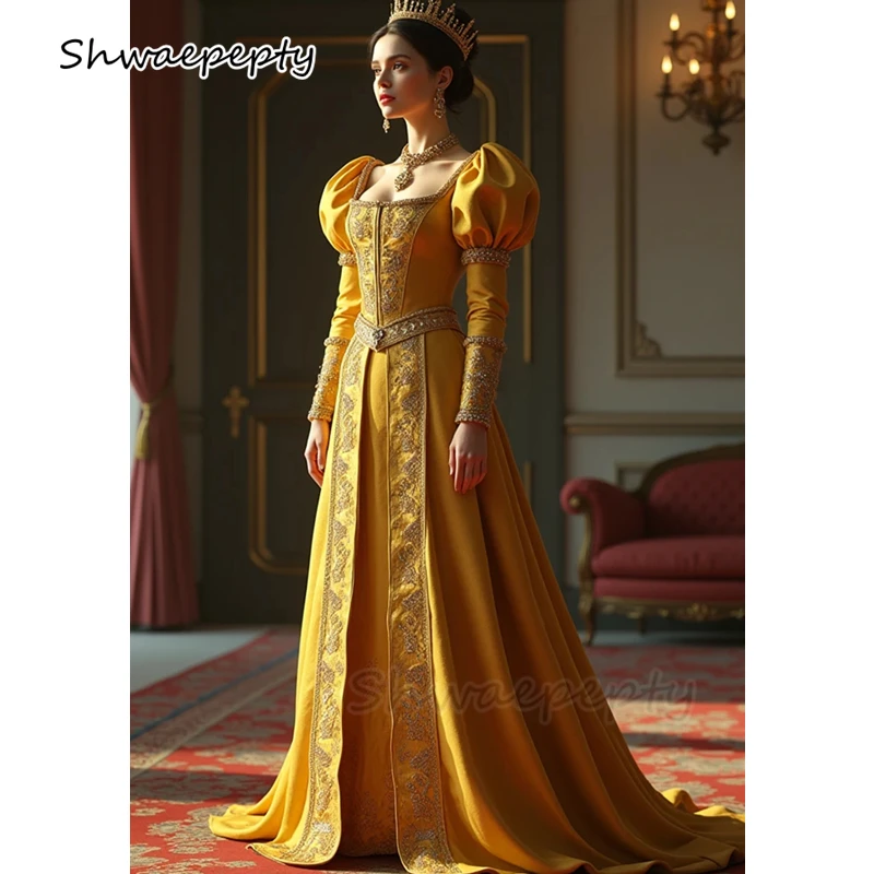 Abito da ballo medievale Qunee dorato con maniche lunghe a sbuffo, collo quadrato, in raso, a-line, maxi costume rinascimentale, abiti da sera personalizzati
