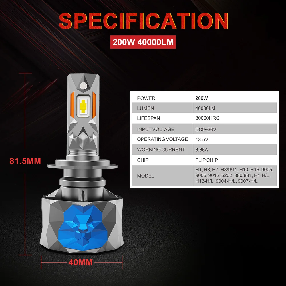 Auto Accessories 200w 40000lm 9006 9005 Headlight Led H4 Lights Cars H11 Foco H3 Bulb 9005 Luce D1s H7 Canbus H4 Led Kit