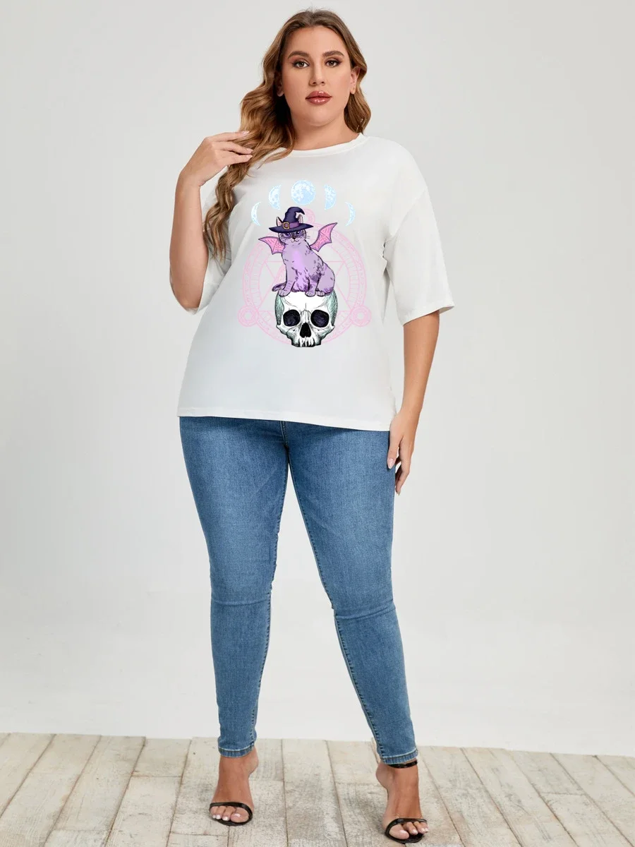 Plus Size Women T Shirt Hip-Hop Loose Punk Cat Skull Tops Tee Black T-shirt Female Summer T-shirt 90s Graphic Female Cool Tee