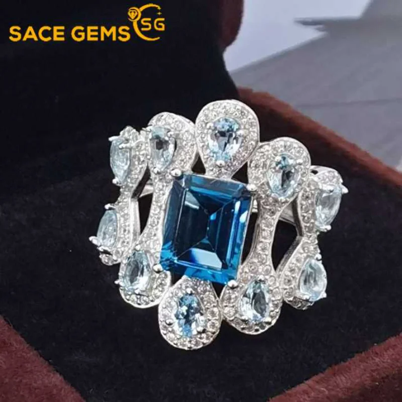 

SACE GEMS New Trend 925Sterling Silver Natual London Blue Topaz Gemstone Rings for Women Engagement Cocktail Party Fine Jewelry