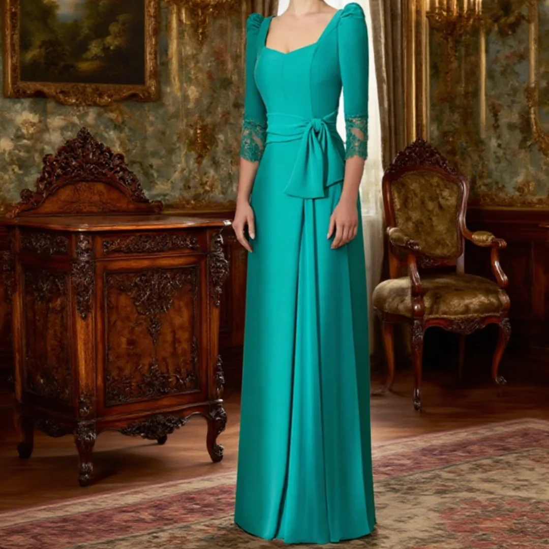 

Elegant V Neck Bow Belt Straight Floor Length Evening Dress Turquoise Mother of The Bride Dress Wedding Guest Gown Customized
