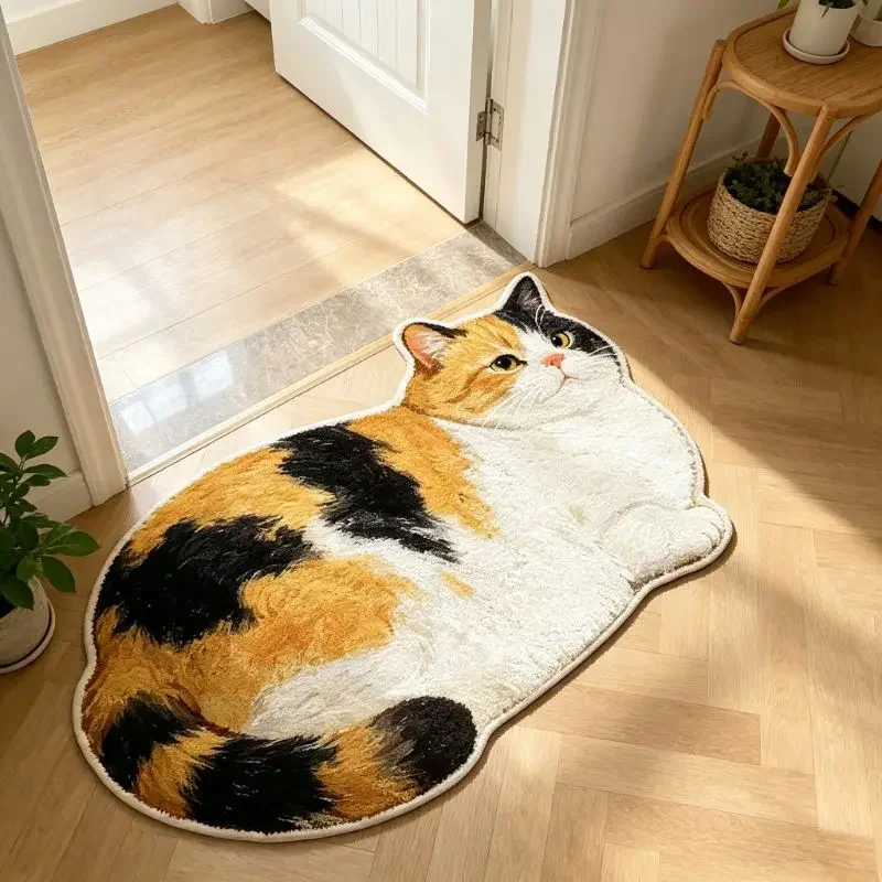 VIKAMA Plump Tri-Color Cat-Shaped Bathroom Door Mat, Non-Slip, Absorbent Entryway Mat, Soft Bedroom Decorative Rug, Home Decor