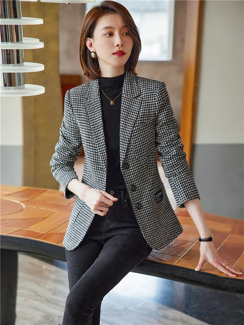 Fashion Elegant Vintage Office Ladies Plaid Blazer Houndstooth Suit Coat Woolen Female Outerwear Chic Slim Tops