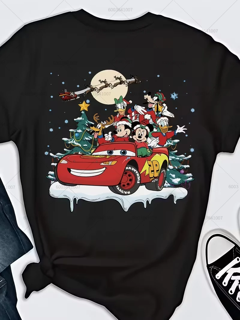 

MINISO Disney Mickey Minnie Mouse Christmas Women's Men T Shirt O-Neck Tee Unisex Clothing Short Sleeve Oversized Streetwear