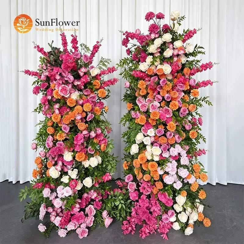 Bright Hot Pink Orange White Two-Piece Vertical Trailing Artificial Floral Runner Wedding Arch Backdrop Wall Flower Swag