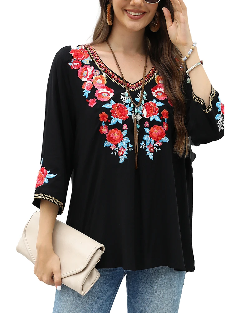 KHALEE YOSE Vintage Floral Embroidery Blouse Shirt Boho Ethnic Chic Black Spring Autumn Mexican Women Ladies 23XXXL Shirts Tops