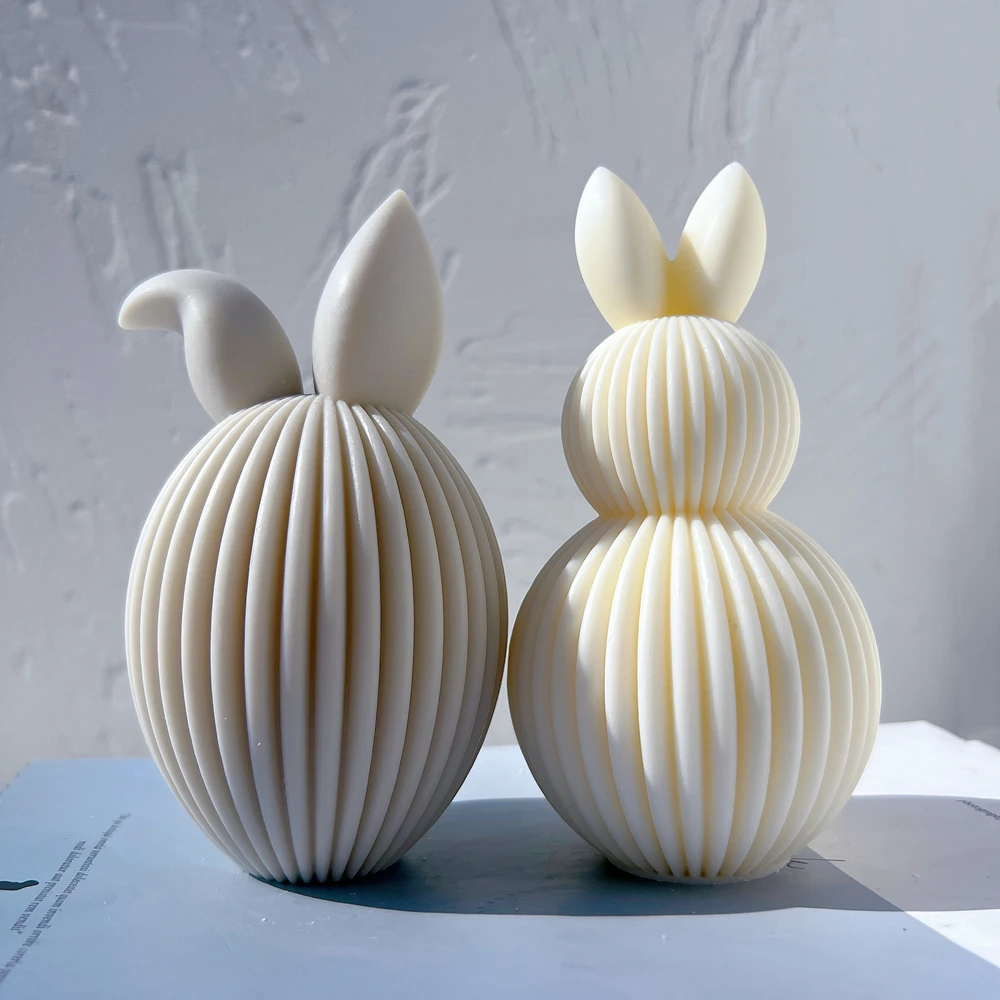 Ribbed Egg Rabbit Ear Candle Mold Aesthetic Silicone Mould Geometric Striped Soy Wax Mold For Easter Decor