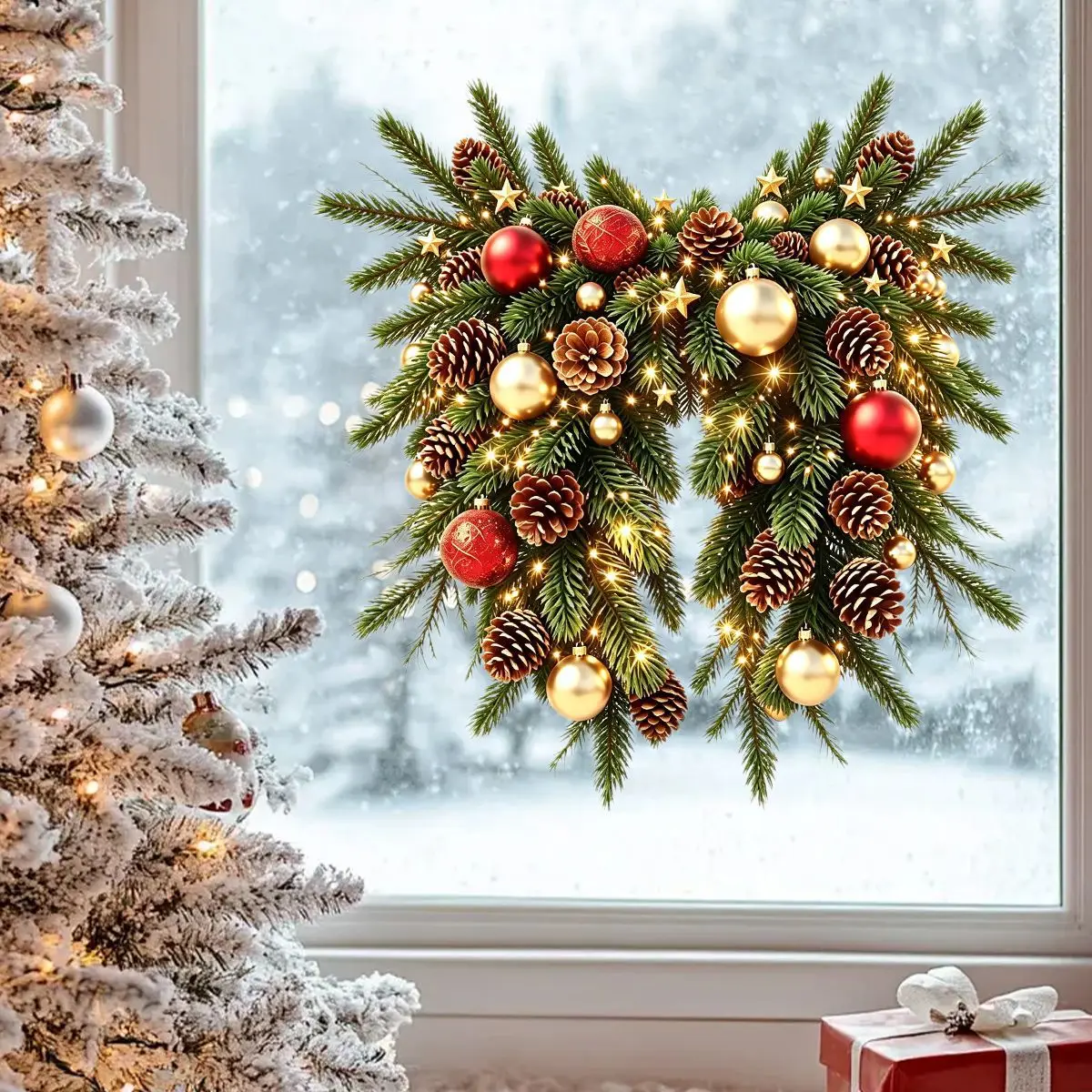 Christmas Pine Branch Wreath Window Stickers Static Cling Glass Decals withCones Ornaments for Shop Window Home Holiday Decor