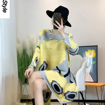 Miyake 플리츠 디지털 프린트 여성 원피스, 슬림 패션, 루즈한 기질, 일본 및 한국 캐주얼, 중간 길이 원피스