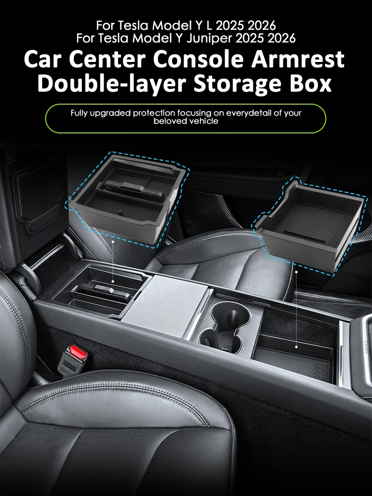 Heenvn Für Tesla Model Y Juniper 2025 2026 Model YL Auto Mittelkonsole Armlehne Doppelschichtige Aufbewahrungsbox Getränkehalter-Organizer – Detail 1