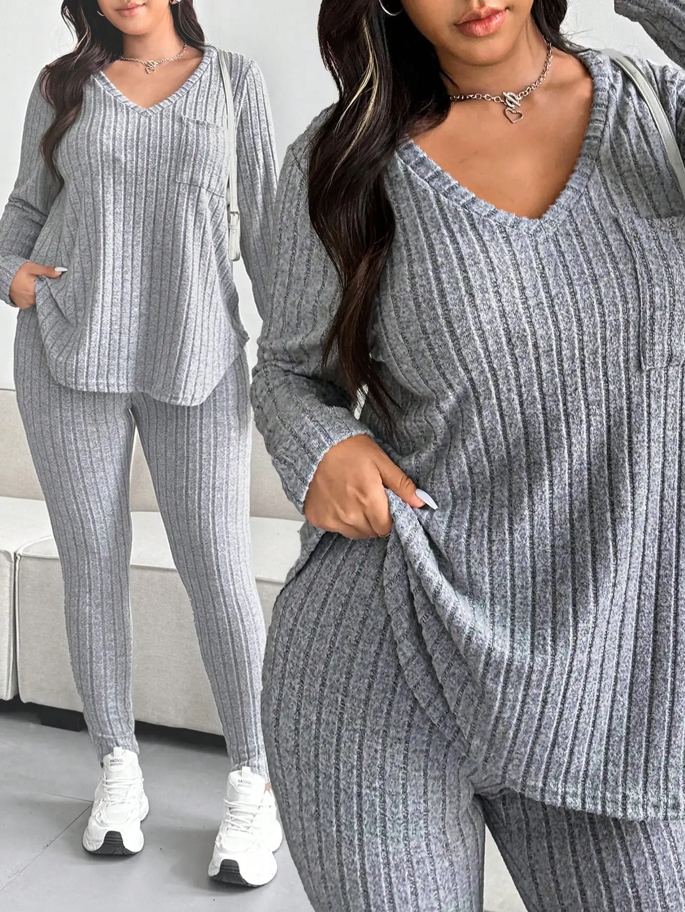 

Женский комплект из топа и брюк в рубчик с v-образным вырезом больших размеров, повседневный осенний наряд с карманами