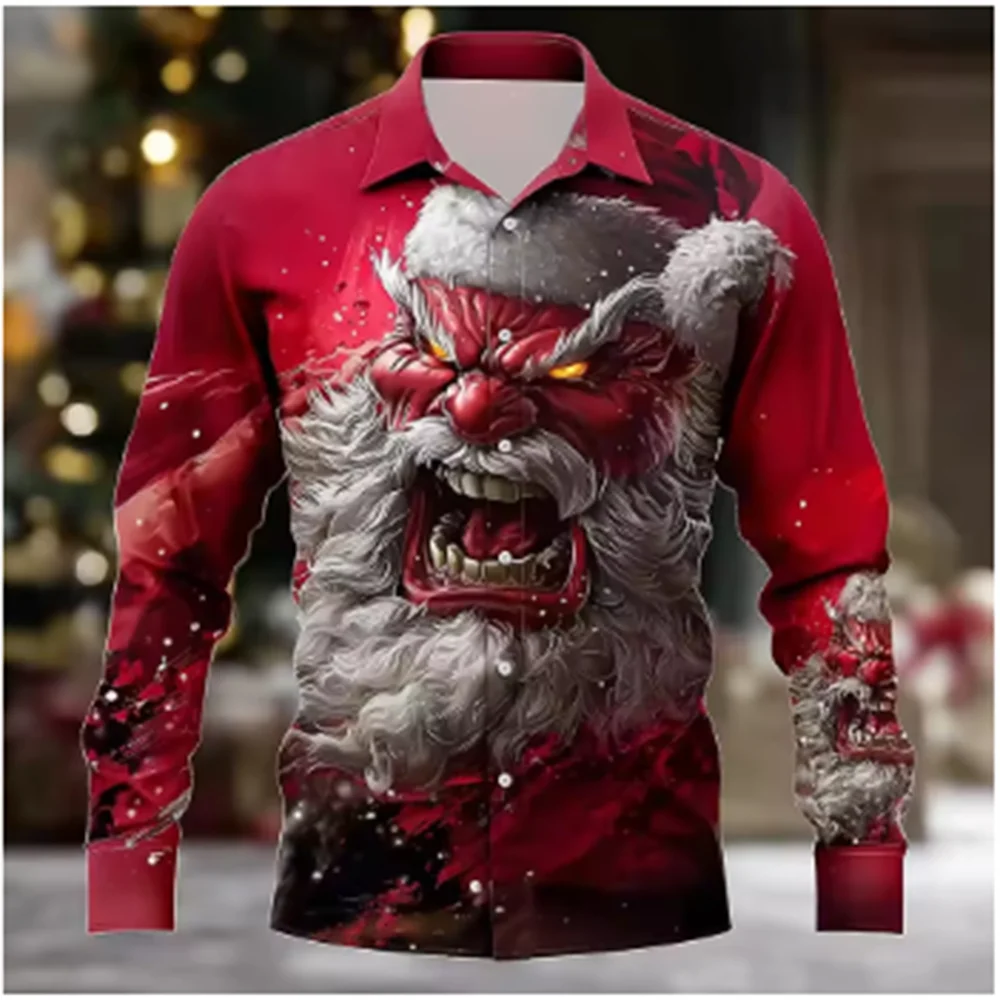 Kerstoverhemden voor heren Kleding Kerstman 3D-print overhemd Knop Lange mouw Vakantie Herfst bedrukt reversoverhemd Herenkleding