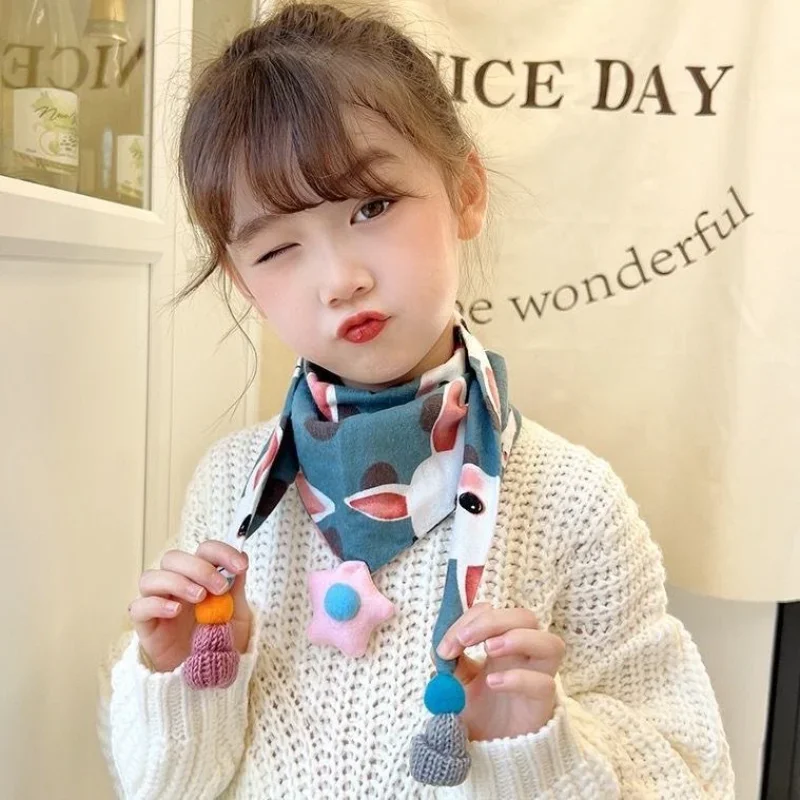 

2023 Baby Girls Triangle Scarf Spring Winter Boys Shawl Children Warm Windproof Neckerchief Cute Pompom Kids Scarves