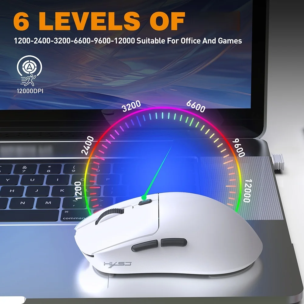 ماوس ألعاب لاسلكي 2.4G BT5.1 سلكي ثلاثي الوضع قابل لإعادة الشحن 12000 ديسيبل متوحد الخواص ماوس رياضي إلكتروني قابل للتعديل خفيف الوزن و6 مفاتيح مخصصة