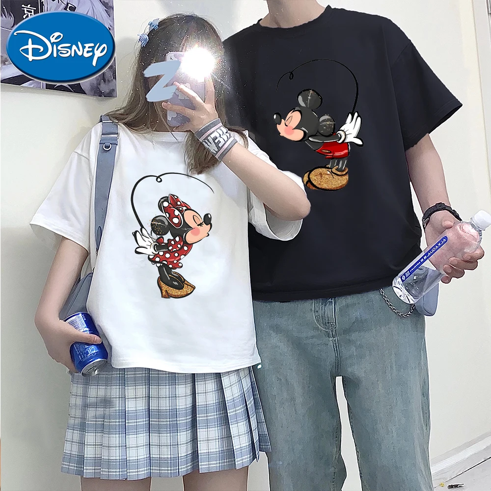 Dames Mickey Minnie Mouse Paar Grafische Print T-Shirt Zomer Katoenen Korte Mouw Ronde Hals Casual Top Lady Oversized T-Shirt