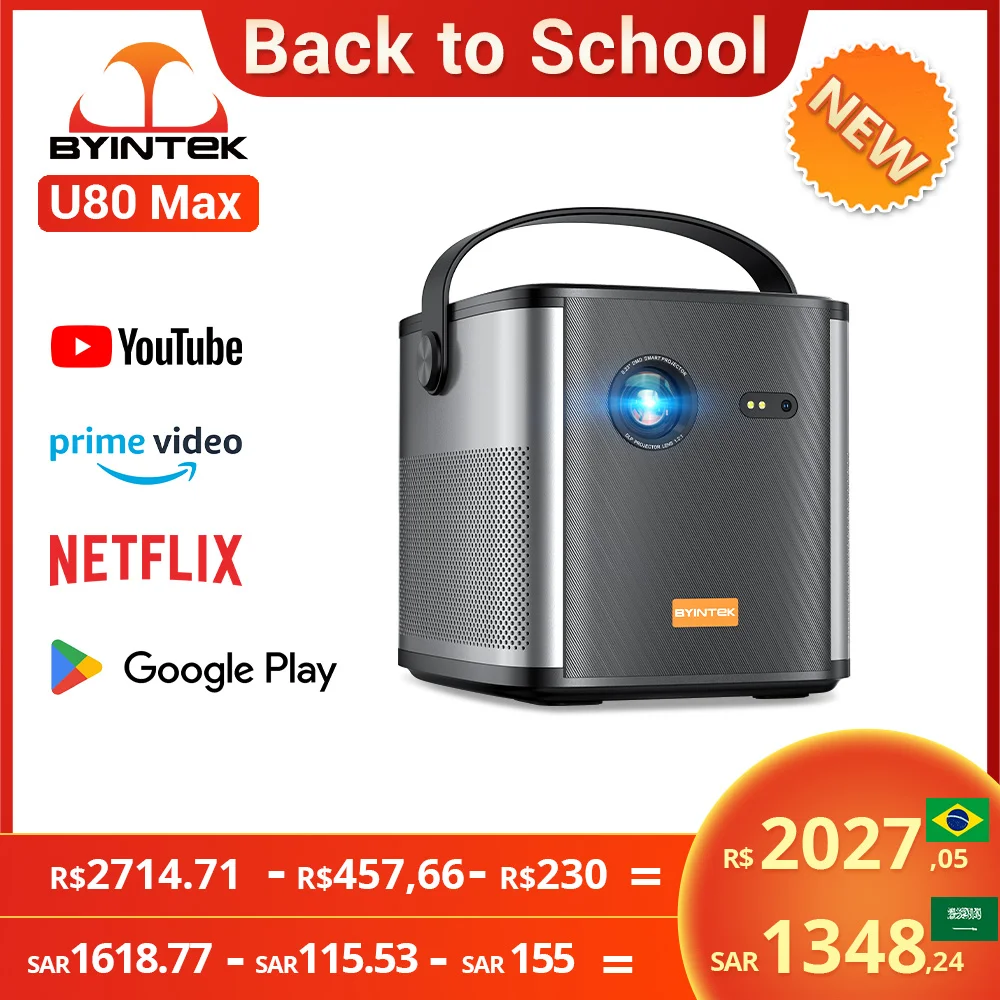 BYINTEK U80 Max 프로젝터, 3D 4K 시네마, 안드로이드 11.0, 와이파이, 미니 휴대용 1080P 홈 시어터 비디오 DLP 프로젝터, 배터리 포함 