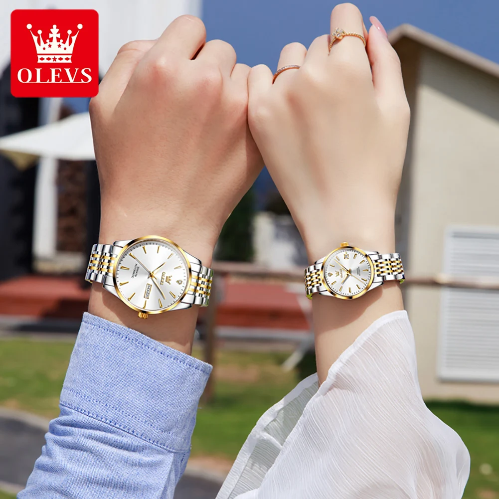 OLEVS 6635 Luxury Brand Gold Fully Automatic Mechanical Couple Watch High Quality Stainless Steel Date Week His and Her Watch