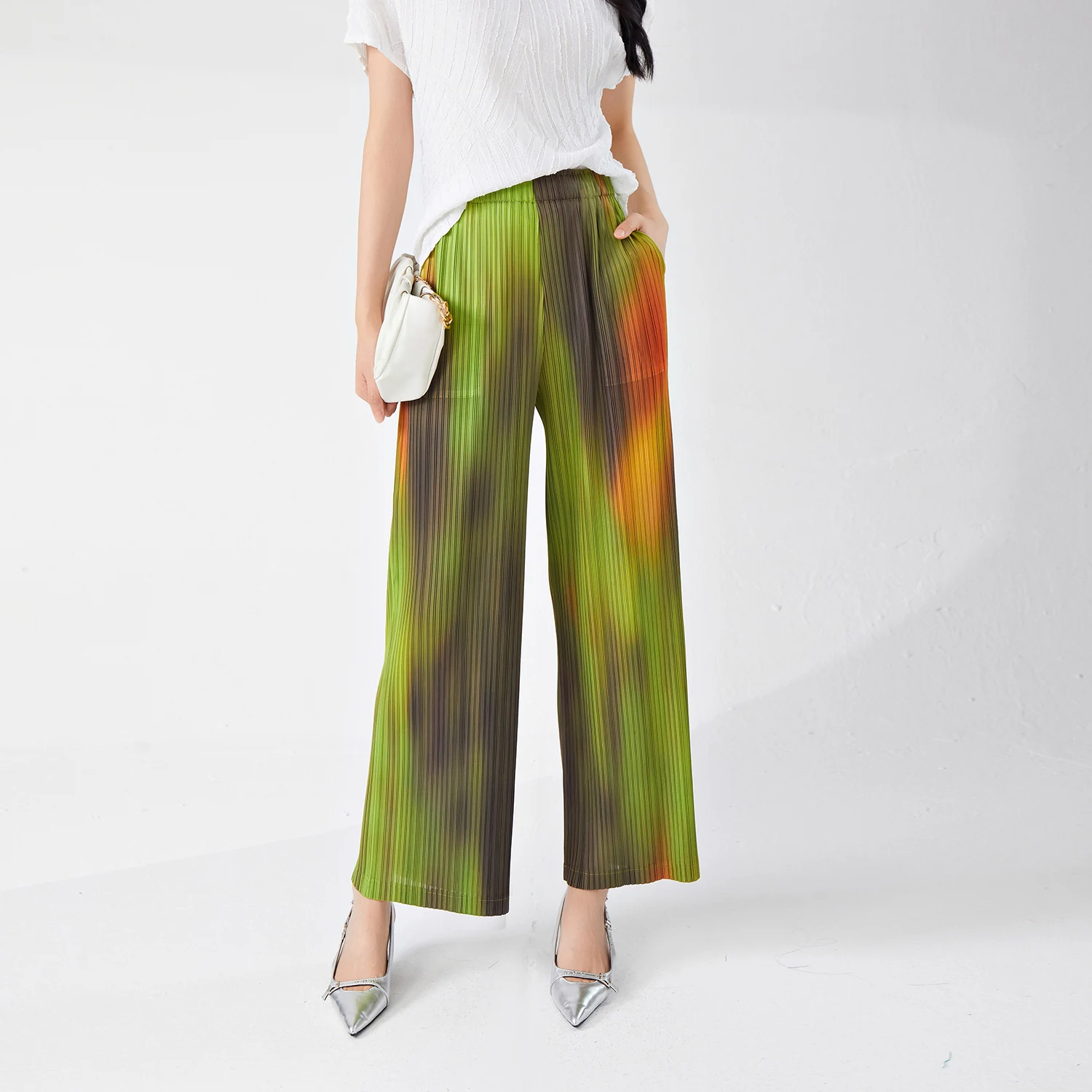 High Quality Miyake Women High Waist Pleated Casual Pants Fashion Wide Leg Design New Summer Style Printed Straight Pants