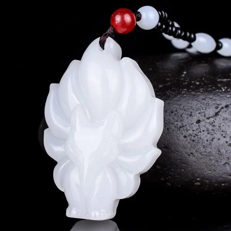 

Natural White Jade Seven-tailed fox Pendant Necklace Charm Jewellery Fashion Accessories Hand-Carved Men woman Luck Amulet Gifts