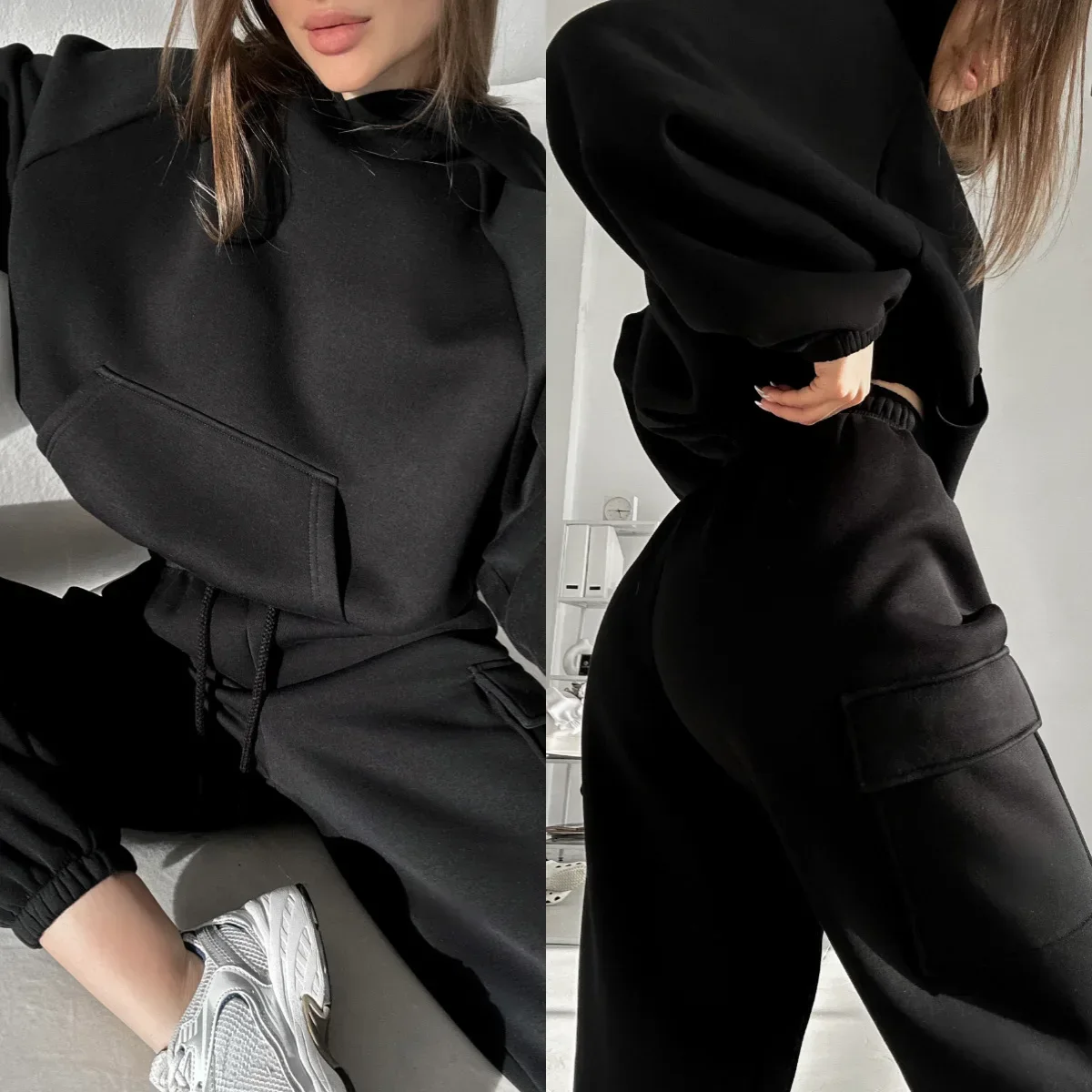 Jesień Zima Kombinezon Damski Odzież Sportowa Bluza Spodnie Zestaw Lady Solid Pullover Casual Sportowe Topy z Długim Rękawem i Spodnie Bluza 2ps