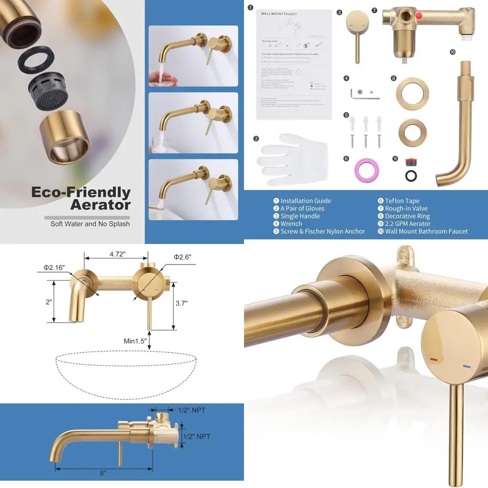 

Single Handle Brushed Gold Wall Mount Sink Faucet with Swivel Spout and Rough-in Valve